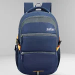Front view of blue Safari backpack with spacious compartments, dual zipper pockets, padded straps, and side mesh holders for school, college, office, and travel