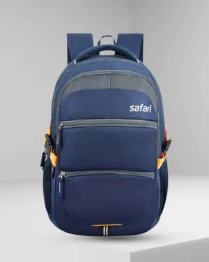 Front view of blue Safari backpack with spacious compartments, dual zipper pockets, padded straps, and side mesh holders for school, college, office, and travel