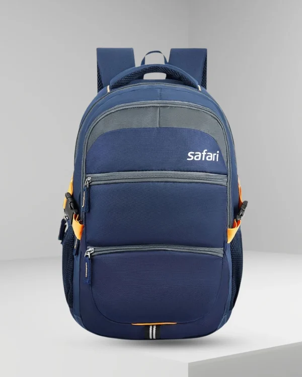 Front view of blue Safari backpack with spacious compartments, dual zipper pockets, padded straps, and side mesh holders for school, college, office, and travel