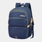 Blue Safari backpack with multiple zipper compartments, padded shoulder straps, and side bottle holder for college, office, school, and travel use