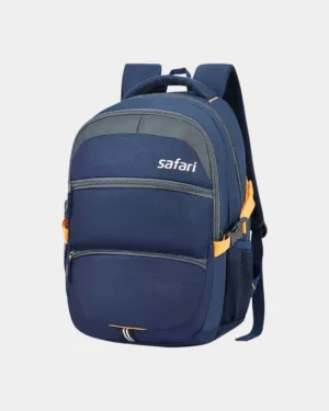 Blue Safari backpack with multiple zipper compartments, padded shoulder straps, and side bottle holder for college, office, school, and travel use