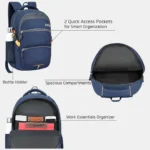 Blue Safari backpack with multiple compartments, bottle holder, quick access pockets, and spacious storage for college, office, and travel use