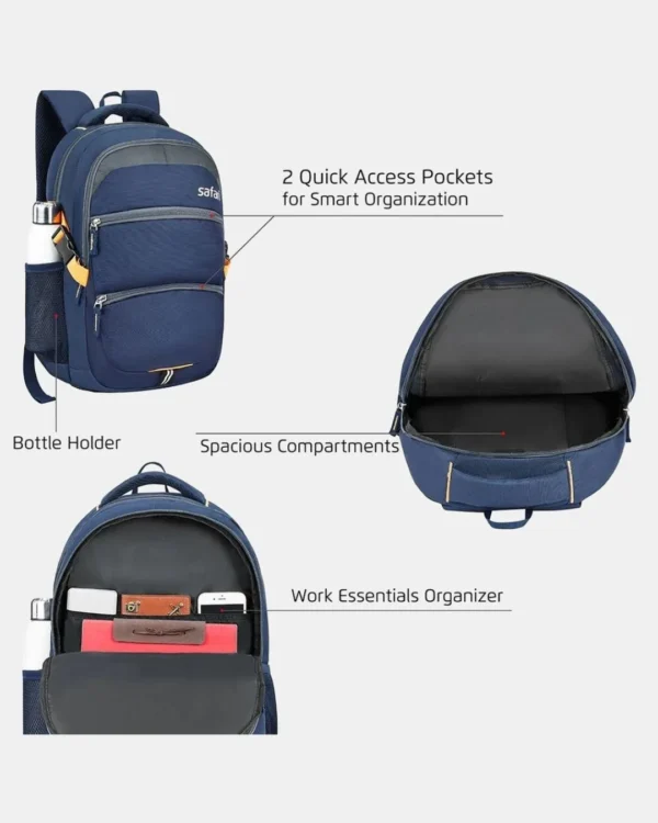 Blue Safari backpack with multiple compartments, bottle holder, quick access pockets, and spacious storage for college, office, and travel use