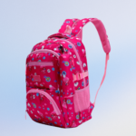 Side angle view of pink kids school backpack with multiple storage pockets