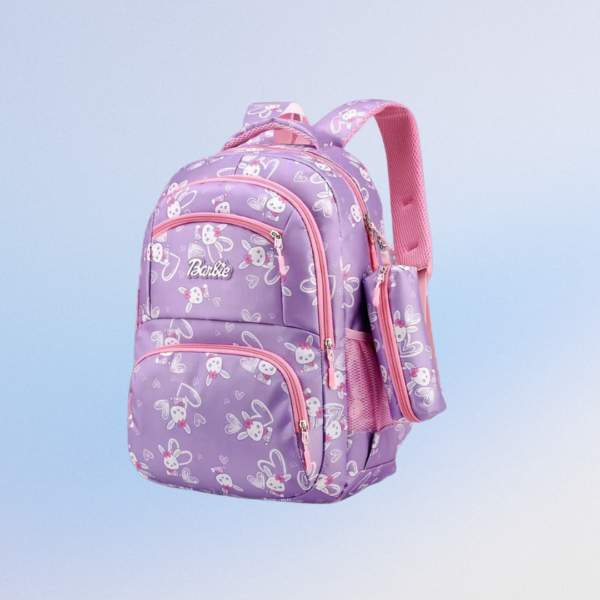Cute purple kids school backpack with cartoon bunny print and multiple compartments