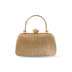Gold glitter clutch handbag with top handle for party and evening wear