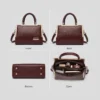 Multi-view brown luxury handbag showing front, back, bottom, and spacious interior compartments