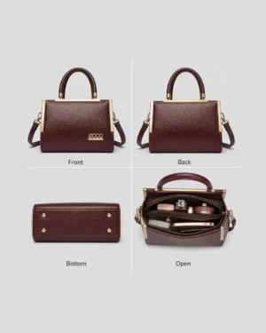 Multi-view brown luxury handbag showing front, back, bottom, and spacious interior compartments