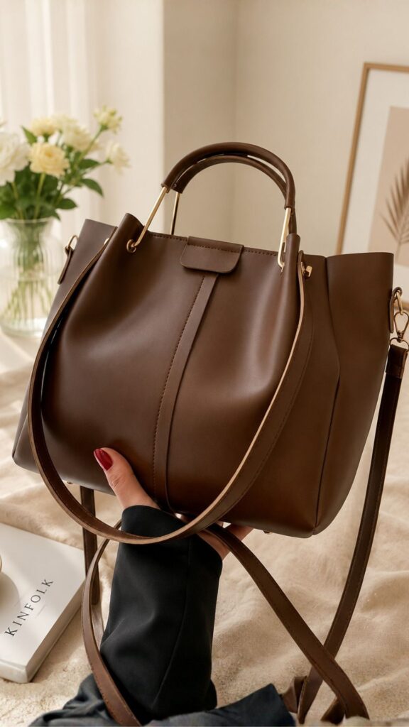 Elegant brown leather tote handbag with top handle and shoulder strap, displayed in a stylish modern interior setting.
