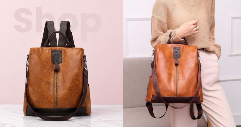 Brown leather women’s backpack with dual carrying options, displayed on a white marble surface against a soft blush pink background in a premium studio setting.